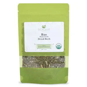 Biokoma Pure and Organic Rue Dried Herb 50g in Resealable Moisture Proof Pouch, USDA Certified Organic - Herbal Tea, No Additives, No Preservatives, No GMO, Kosher