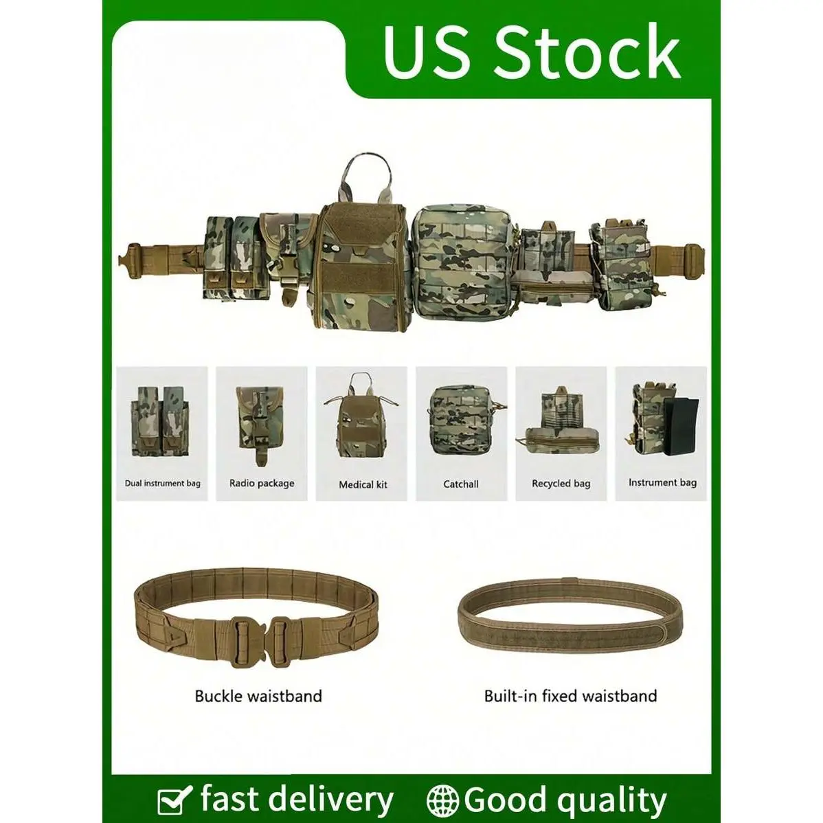 Battle Belt with Accessories -Tactical Combat Belt Quick Release Rigger Airsoft Belt Heavy Duty Belts 8 pcs Survival Tools Survival Kit