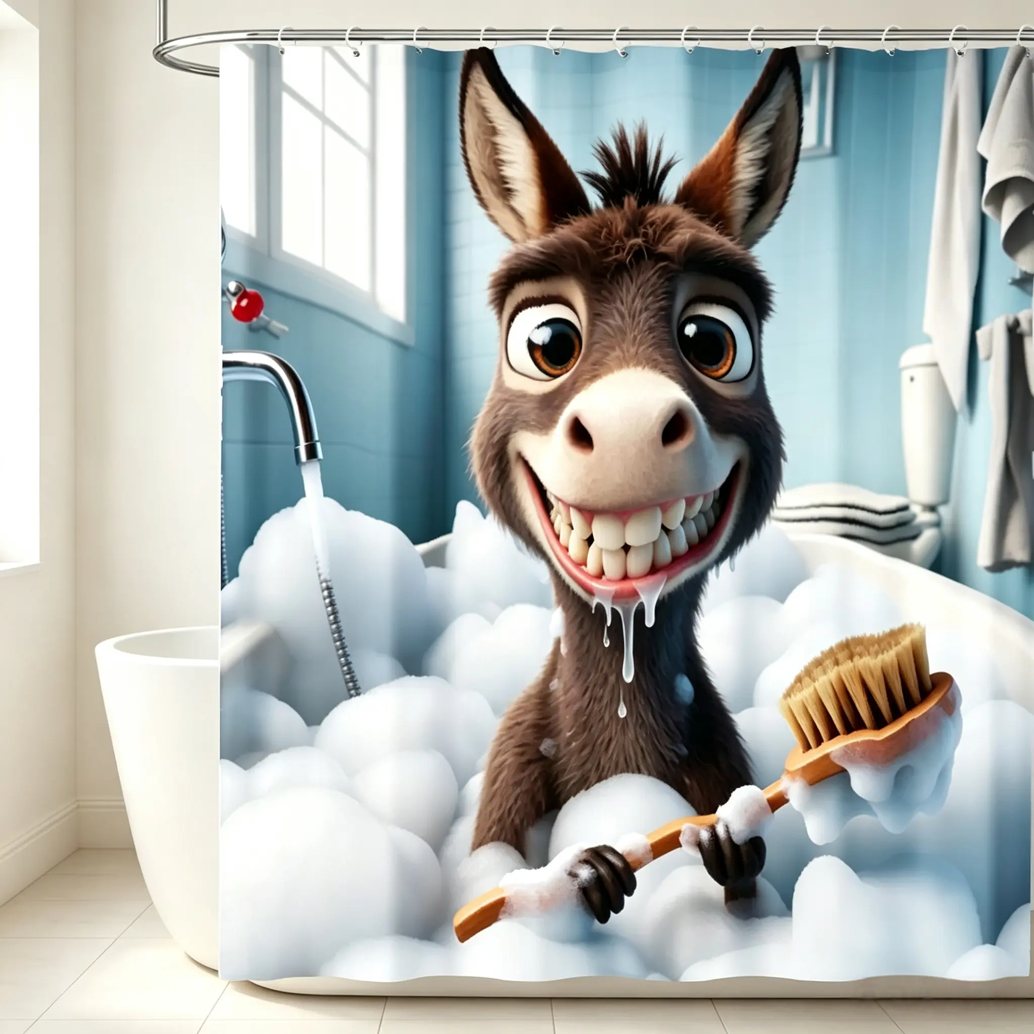 J9 | Whimsical Donkey Shower Curtain with Hooks - Machine Washable Polyester Bathroom Decor, Playful Bath Partition & Artistic Animal Design for Home, Elegant Shower Curtain, Home Decoration, Fun Decor, Durable Fabric, Home Decorators