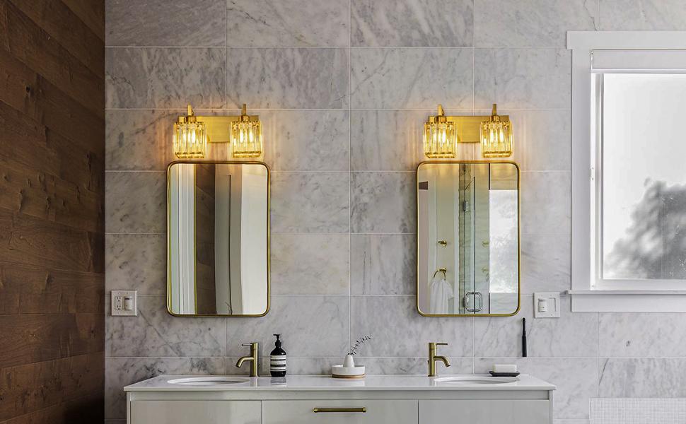 Modern Bathroom Vanity Light 2-Lights Gold Crystal Wall Lamp Bathroom Modern Crystal Vanity Lighting