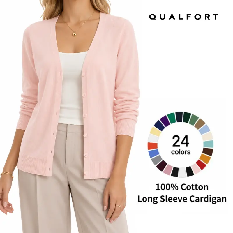 QUALFORT Women's Classic 100% Cotton Long Sleeve Button-Down Knitting Cardigan, Lightweight Regular Fit Checkered Top, for Corporate Office & Business Casual Workwear, Brown