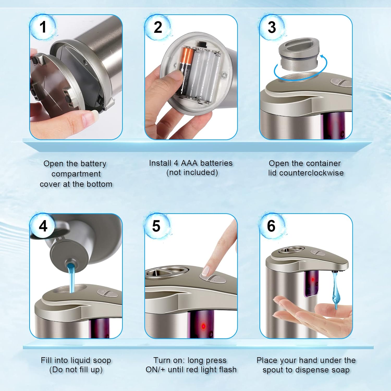 Automatic Soap Dispenser, 3 Adjustable Dispensing Levels with Stainless Steel, Infrared Motion Sensor & Waterproof Base, Smart Touchless Soap Dispenser for Bathroom, Kitchen, School and Hotel Use