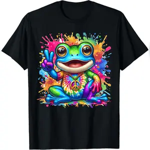 Magical And Funny Hippie Gifts Tie-Dye Frog Peace Sign Hippie T-Shirt Smooth Cotton T-Shirt