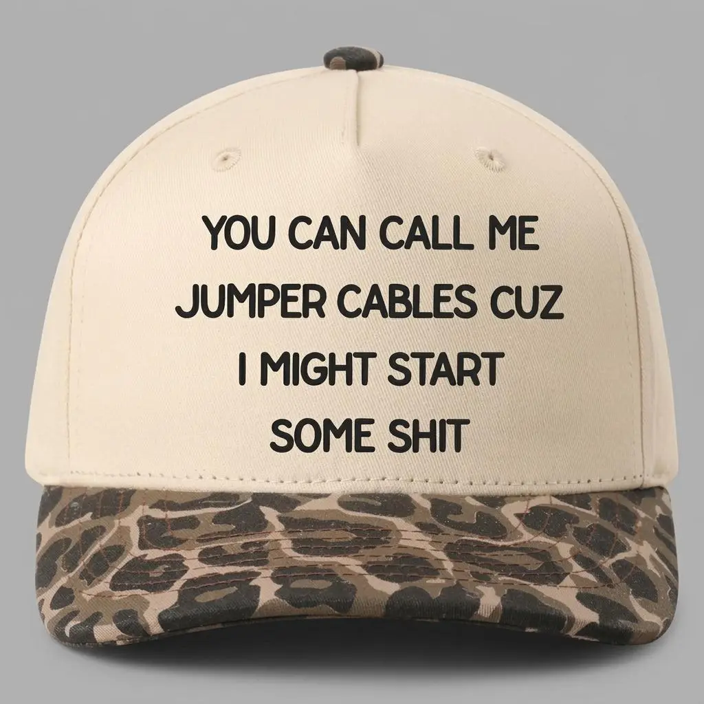 Funny Jumper Cables Quote Embroidered Trucker Hat, Cream Baseball Cap with Leopard Print Brim, Adjustable Snapback for Women and Men