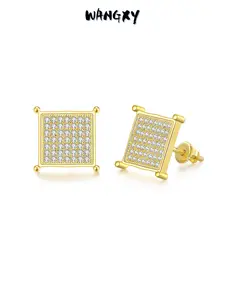 WANGXY Square Screw Stud Earrings 14K Gold Plated 3A+ Cubic Zirconia Iced Out Square Screw Back Hypoallergenic Cube Large Stud Earrings For Men Women