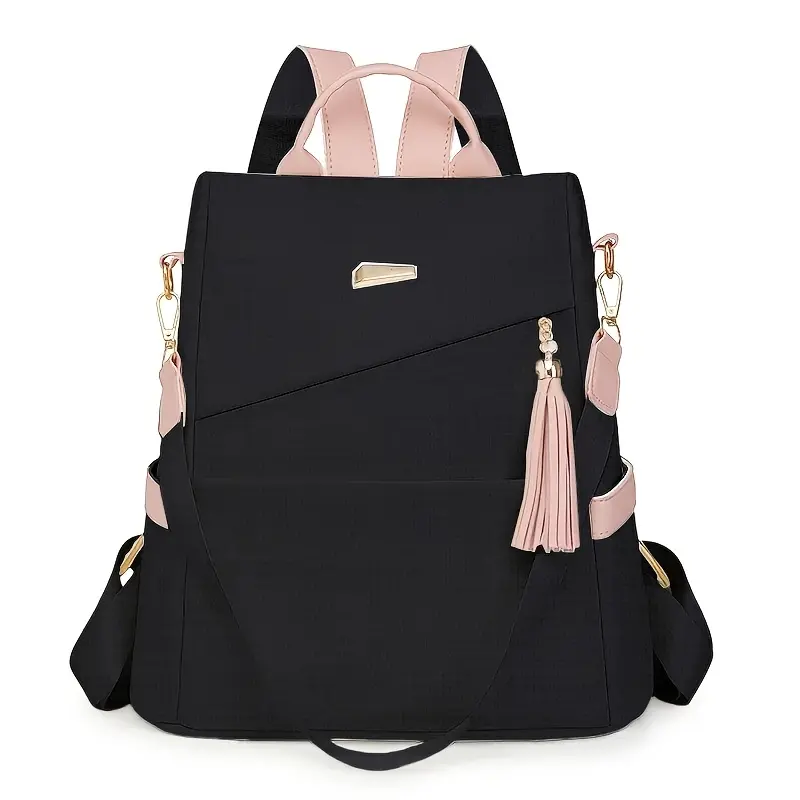 Stylish Women's Anti-Theft Backpack - Soft Imitation & Nylon, Large Capacity Lightweight Laptop Backpack with Adjustable Shoulder Straps, Multiple Zippered Pockets & Golden Hardware for Travel, Commuting, Work (Black), Travel Backpack, Modern Travel Bag,