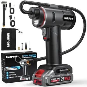 T12 Portable Tire Inflator, 160 PSI Cordless Dual Power Air Compressor with Rechargeable Battery, Digital Gauge and 12V Car Adapter