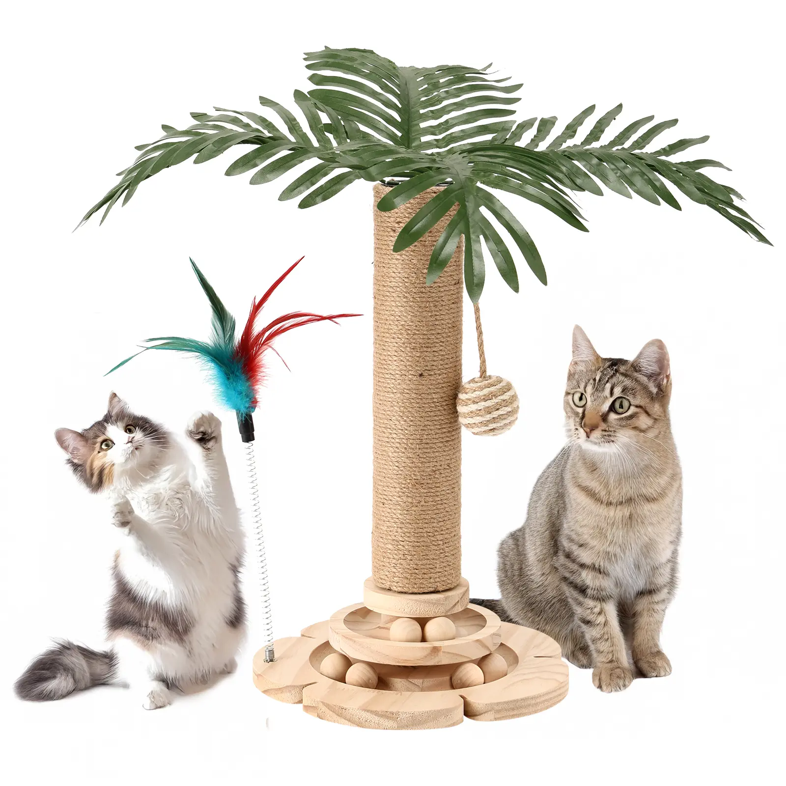 Sisal Scratching Posts for Cats - 2-Tier Wooden Track Cat Scratcher Post with Wooden Base, Interactive Hanging Accessories for Claw Exercise