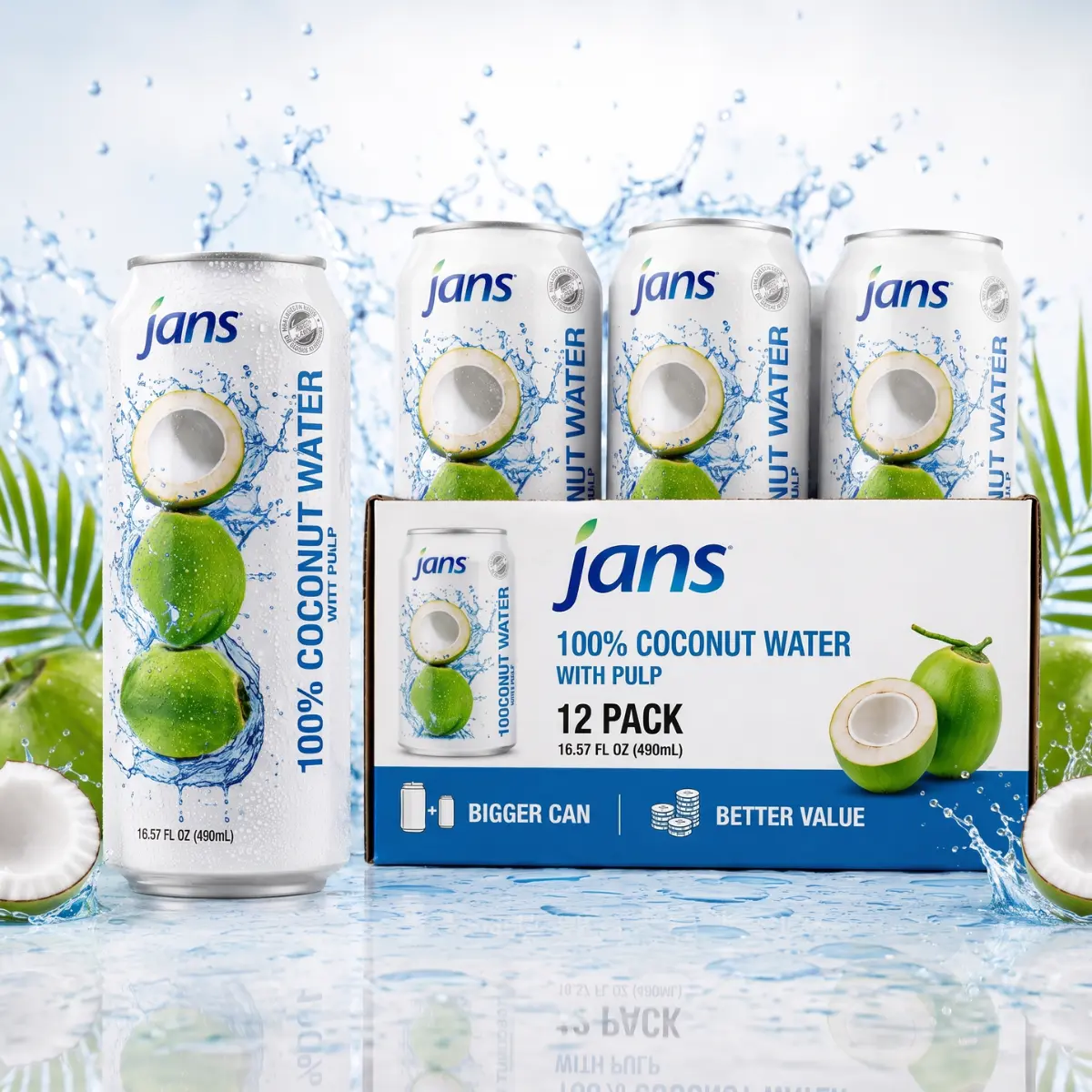 Jans 100% Pure Coconut Water with Pulp (16.57 Fl Oz, pack of 12) No Sugar Added | Unsweetened Coconut Water | Not from Concentrate | Non-GMO | Refreshing Taste of the Tropics