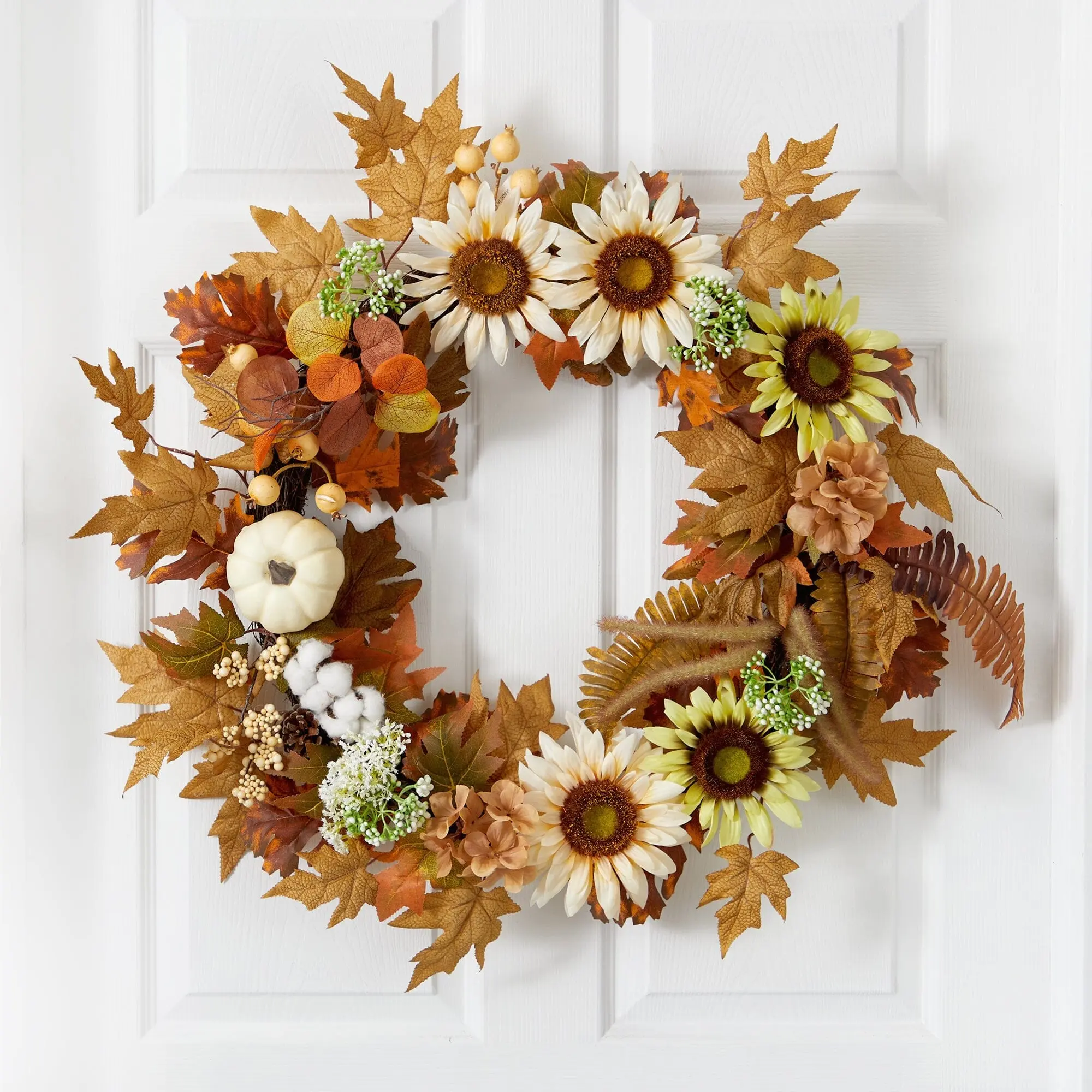 30in Artificial Fall Wreath with Autumn Sunflowers, White Pumpkins, Berries, Lifelike Details - Artificial Pine Cones, Autumn Flower Arrangement, Garlands & Swags, Home Wall Decoration, Wall Hanging Ornament, Artificial Pine Cones Wreaths, Garlands & Swag