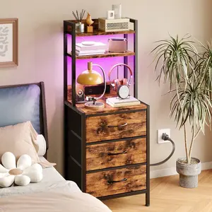 , Led Night Stand  USB Port & Socket, Superlele 41" Tall Nightstand  Charging Station3 PU Finished Fabric Storage Drawers, Office, Bedside Table & Bookshelf In One, Black bed microwave book wall shelf anti gravity king size tv coffee with Station