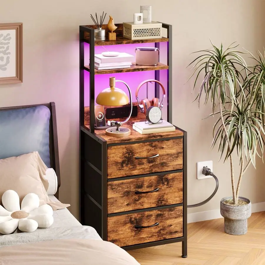 Superlele 41" Tall LED Nightstand with USB Port, Socket, Charging Station and 3 PU-Finished Fabric Storage Drawers for Office Use