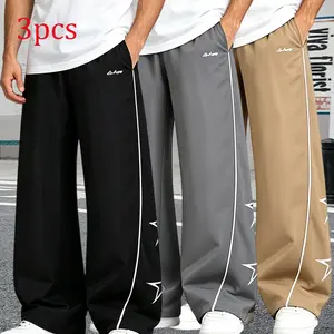3-pack men’s loose sports pants; white long pants with side stripes; comfortable design; sporty casual style; athletic leggings; fashionable and versatile; all-season; autumn men’s set; fitness sportswear. Breathable Sweatpants,summervibes
