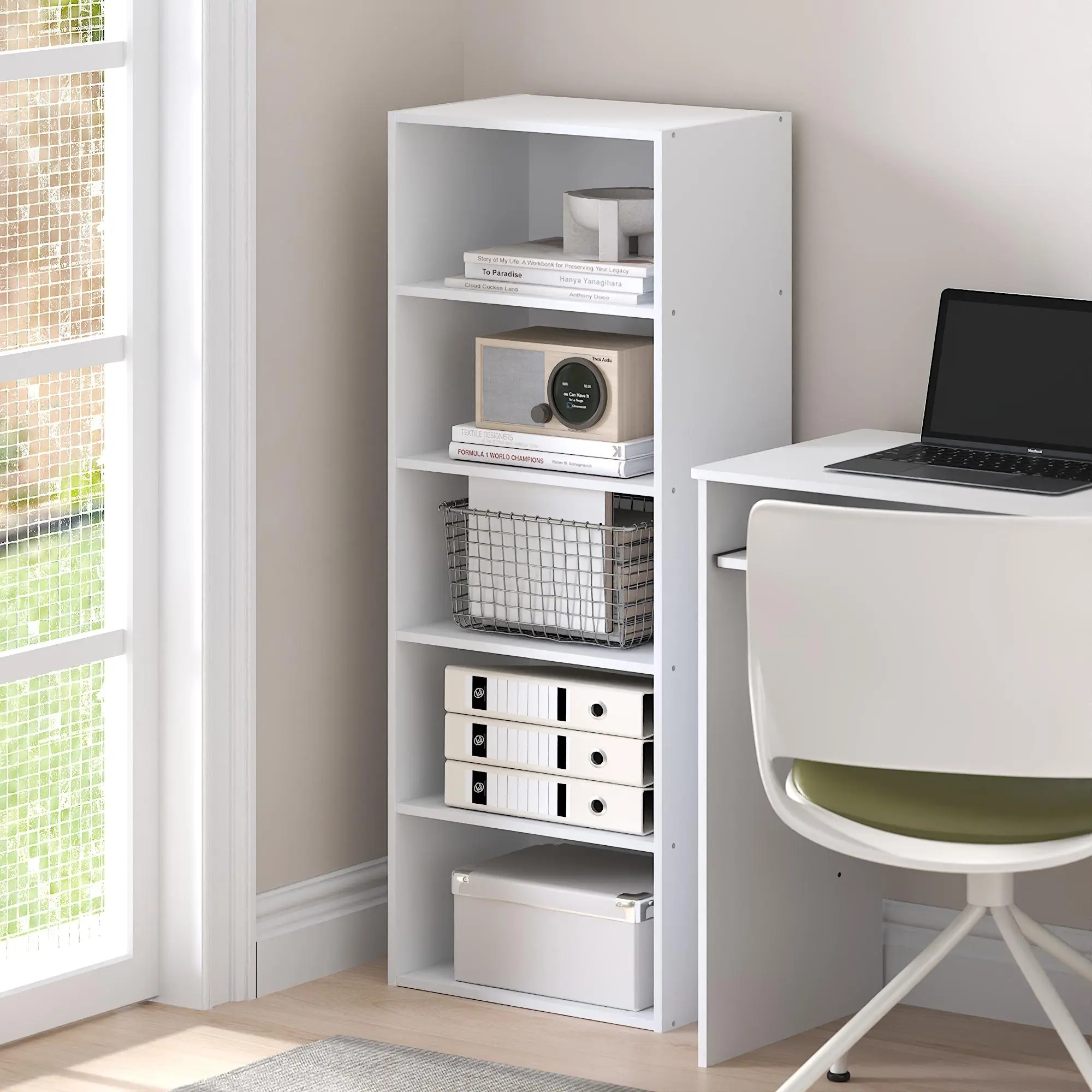 White 5-Tier Open Cube Bookshelf - Sturdy, Space Saving Indoor Storage Shelf, 11.4(d)x16.6(w)x43.7(h) in, Assembly Required, Compatible with Book Accessories for Living Room, Home Office