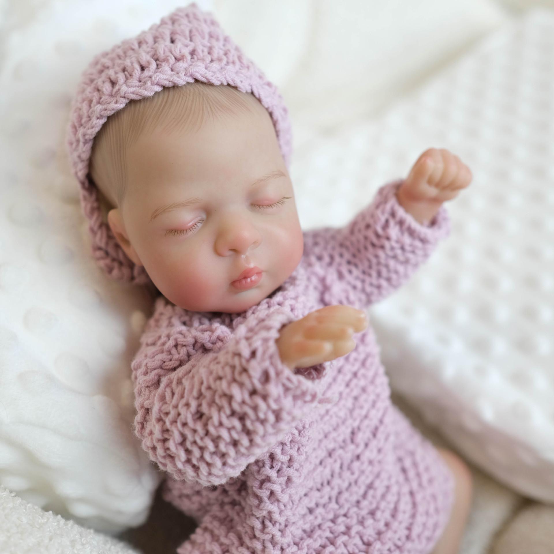 10" Realistic Reborn Baby Doll with Closed Eyes Soft Cloth Body & Vinyl Limbs Hand-Painted Head Handmade Lavender Knit Outfit Lifelike Newborn Doll Gift for Collectors