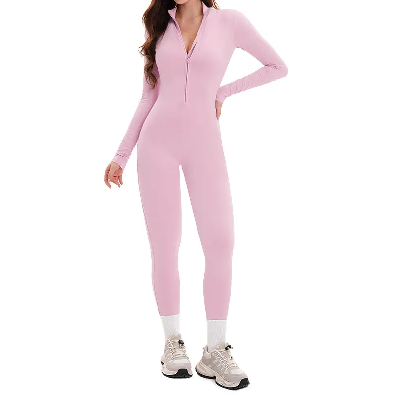 Women's Long Sleeve Sculpting Bodysuit, Buttery Soft Activewear, Fitted Zip-Front Body-Hugging Jumpsuit for Gym Yoga, Hip