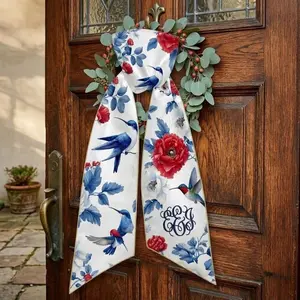 Monogrammed Wreath Sash with Blue Birds and Red Flowers, Personalized Spring Door Decor, Floral Front Door Ribbon, Mother's Day Gift