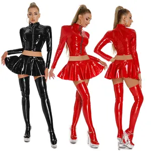 New tight-fitting mirror PVC  jumpsuit, PU patent leather shiny leather outfit, tight-fitting leather dress, leather skirt set Womenswear Bodysuits Clothes  Costume