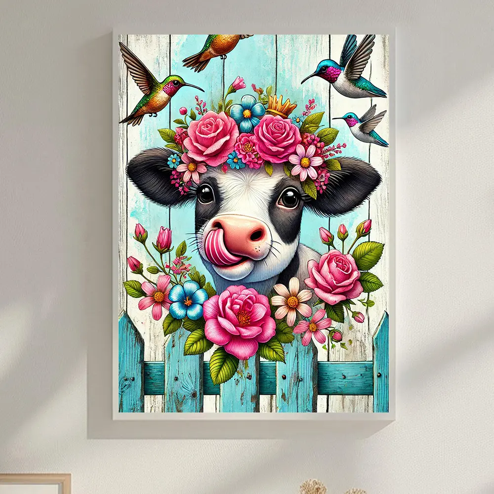 5D Colorful Cattle Crystal Craft Kit, Complete DIY Mosaic with Moisture-Proof Flower Diamond Embroidery, 12x16in Wall Art for Living Room, Dining Room, Office, Needlework Hobby Gift, Wall Art Painting
