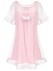 Women's Cute 1940s Princess Style Blue Ruffle Sleeve Embellished Tulle Trim Plush Above-Knee Night Gown - Soft Stretchy, Multi-Size, Lady Sleepwear, Summer Homewear Loungewear