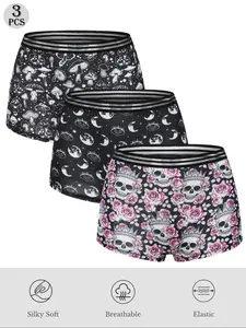 Morvia 3pcs Women Gothic Halloween Skulls Print Contrast Binding Boyshorts, Comfy & Sofy & Elastice Waist Intimates Panties, Women's Lingeries & Underwear, Casual Breathable Knicker