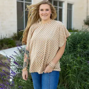 Plus Size Top,Checkerboard Short Batwing Sleeve Round Neck Plus Size T Shirt