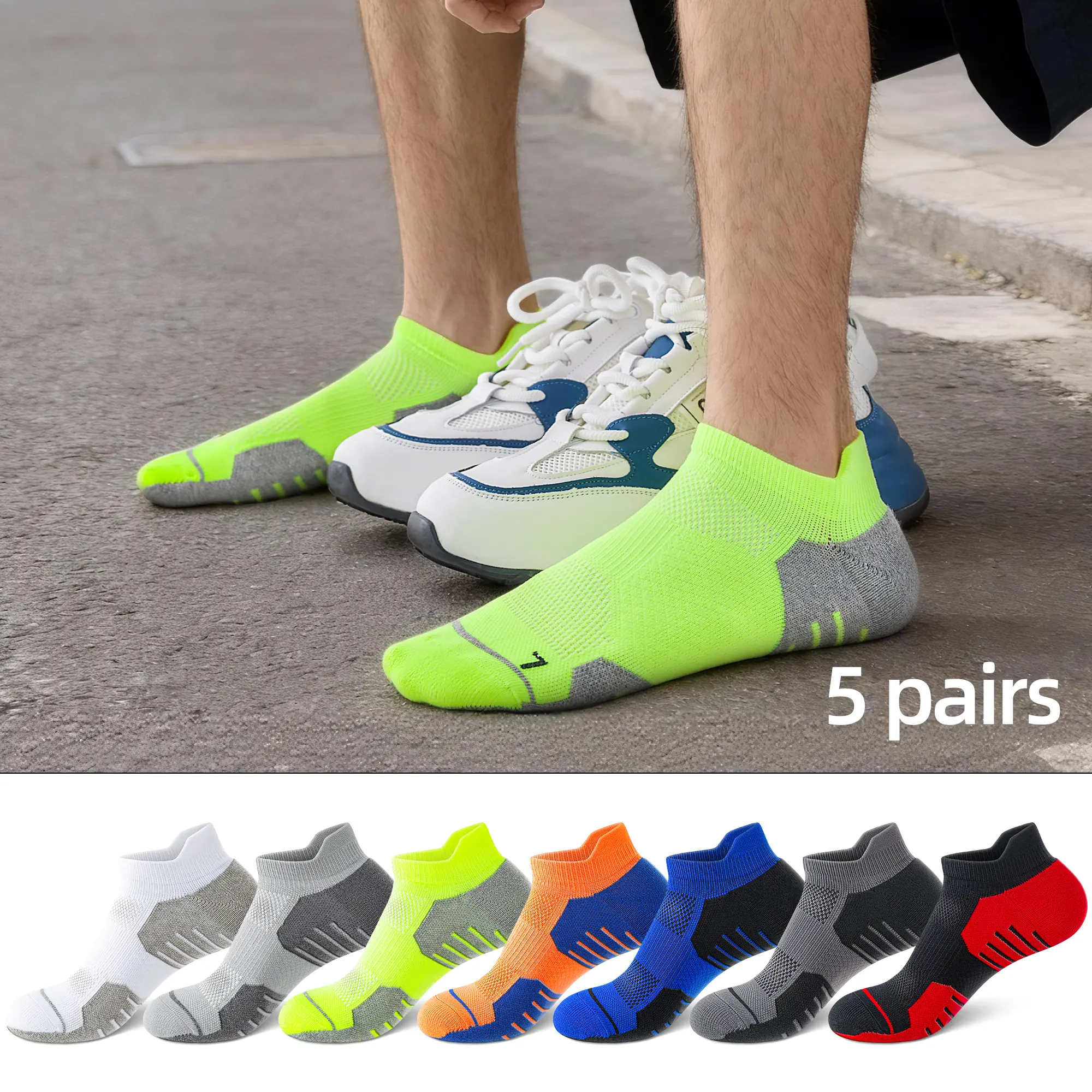 Mqamex Men's Athletic Socks - 5-Pair Ankle Socks with Sweat-Wicking Terry Cotton, Arch Support, Floral Print for Active Use, Sportswear, Activewear, Workout Socks, Sports Socks