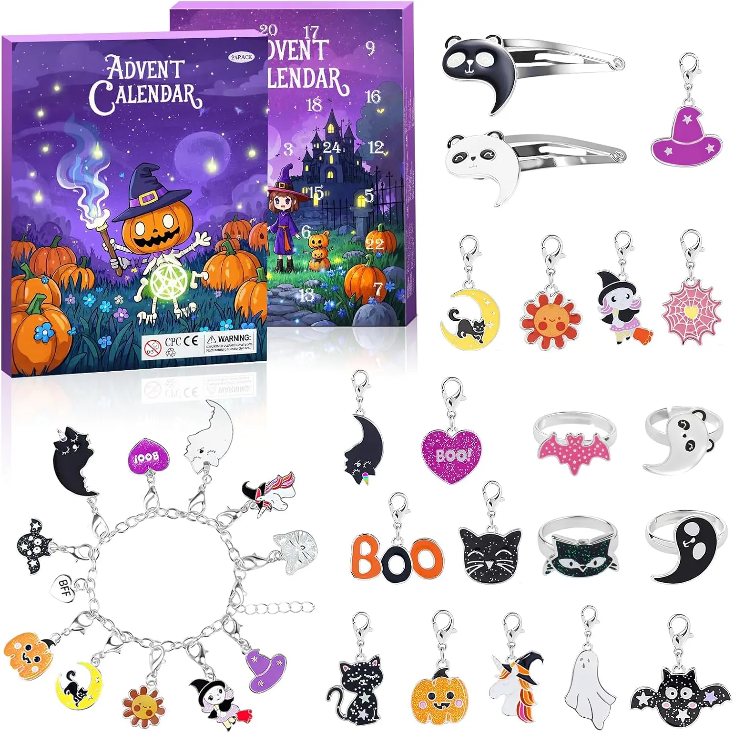 Halloween fall Gift Halloween Advent Calendar 2026 for Girls and Boys With 24 Days Unique Gift Countdown Calendar Spooky Castle Design Blind Box DIY Creative Charm Pendant Bracelet (Purple A)