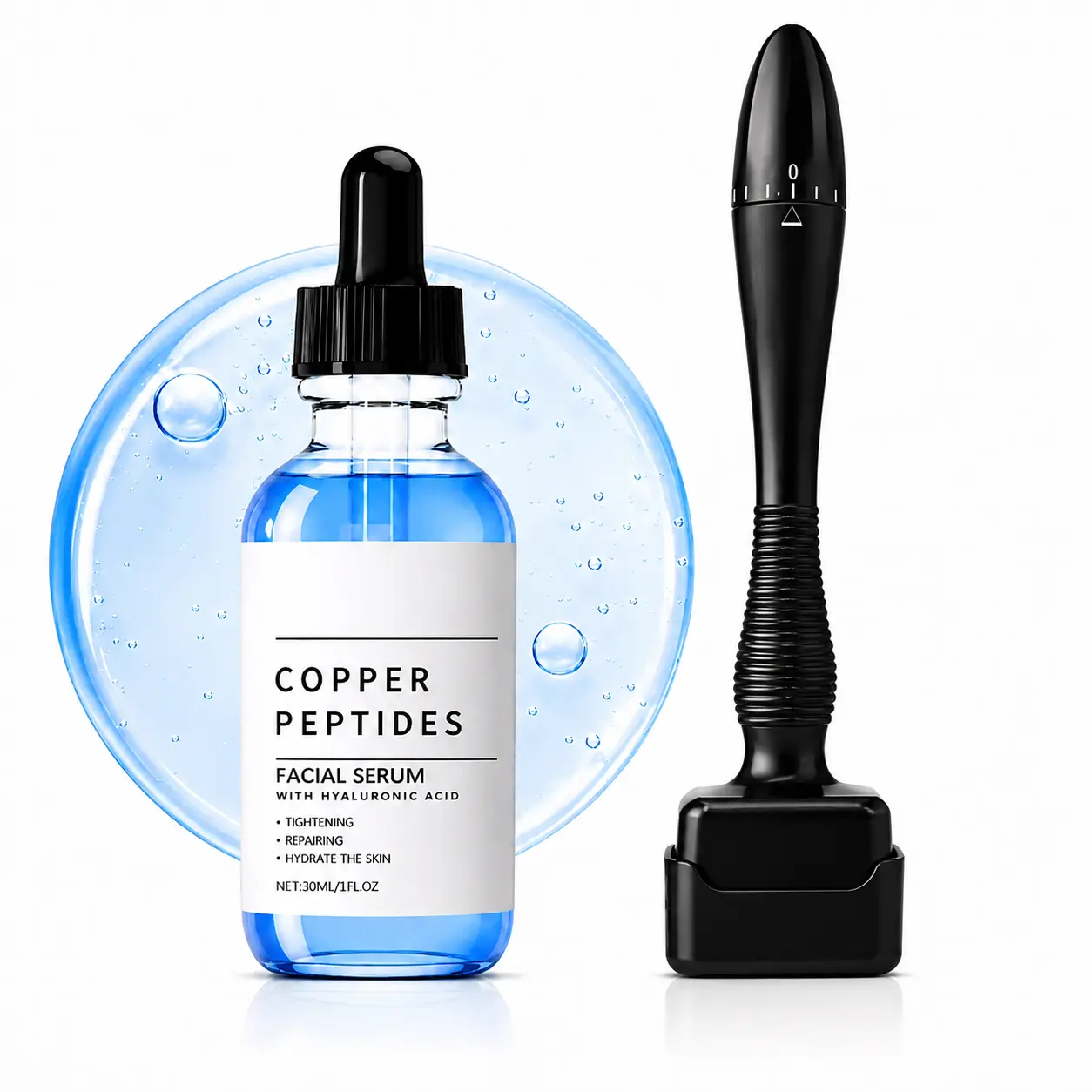 Adjustable Derma Stamp Microneedle Kit with GHK-Cu Copper Peptides Serum, Black Facial Skin Care Tool with Storage Case, At Home Beauty Routine for Hydrated Smooth Looking Skin