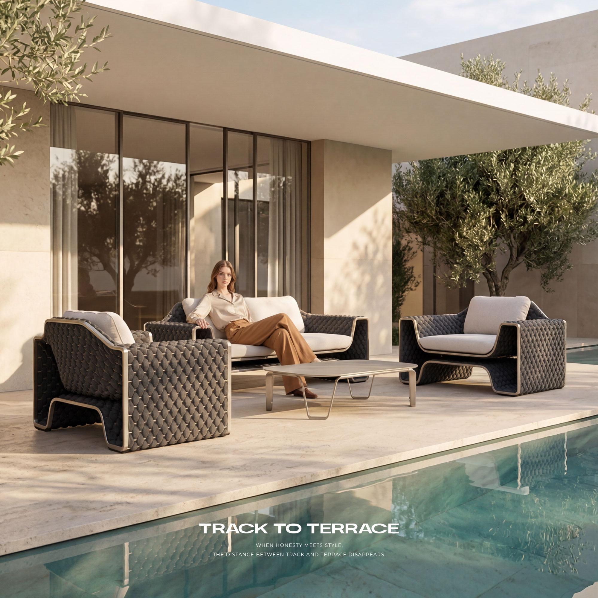 【Summerfinds】OVIOS × Studio F.A. Porsche Designer Outdoor Sofa Collection, 4-Piece Luxury Patio Furniture Set with Coffee Table, Masterfully Hand-Woven Craftsmanship, Aviation-Inspired Aluminum Frame for Villa Terrace & Luxury Backyard