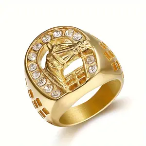 1pc GREPPN Men'S Hip Hop Stainless Steel Goldene Jockey Club Horseshoe Horse Ring with Rhinestone Accents - Ideal for Valentine'S Day, Spring Festival, Mardi Gras Day Gifts, Party Jewelry | Festive Accessory | Goldtone Finish, Horse Lover Gift