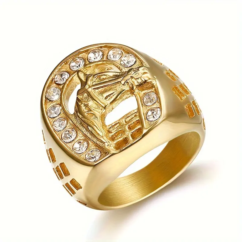 1pc GREPPN Men'S Hip Hop Stainless Steel Goldene Jockey Club Horseshoe Horse Ring with Rhinestone Accents - Ideal for Valentine'S Day, Spring Festival, Mardi Gras Day Gifts, Party Jewelry | Festive Accessory | Goldtone Finish, Horse Lover Gift
