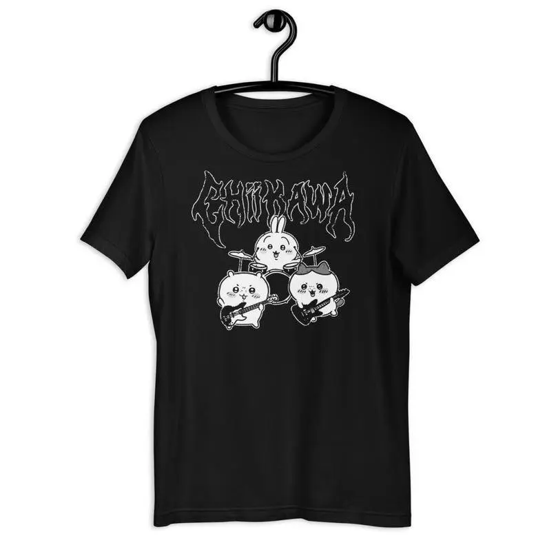 Chiikawa Graphic T-Shirt, Metal Style Cotton Tops with Usagi & Hachiware Print, Breathable Short-Sleeve Classic Fit, Menswear, Casual Wear