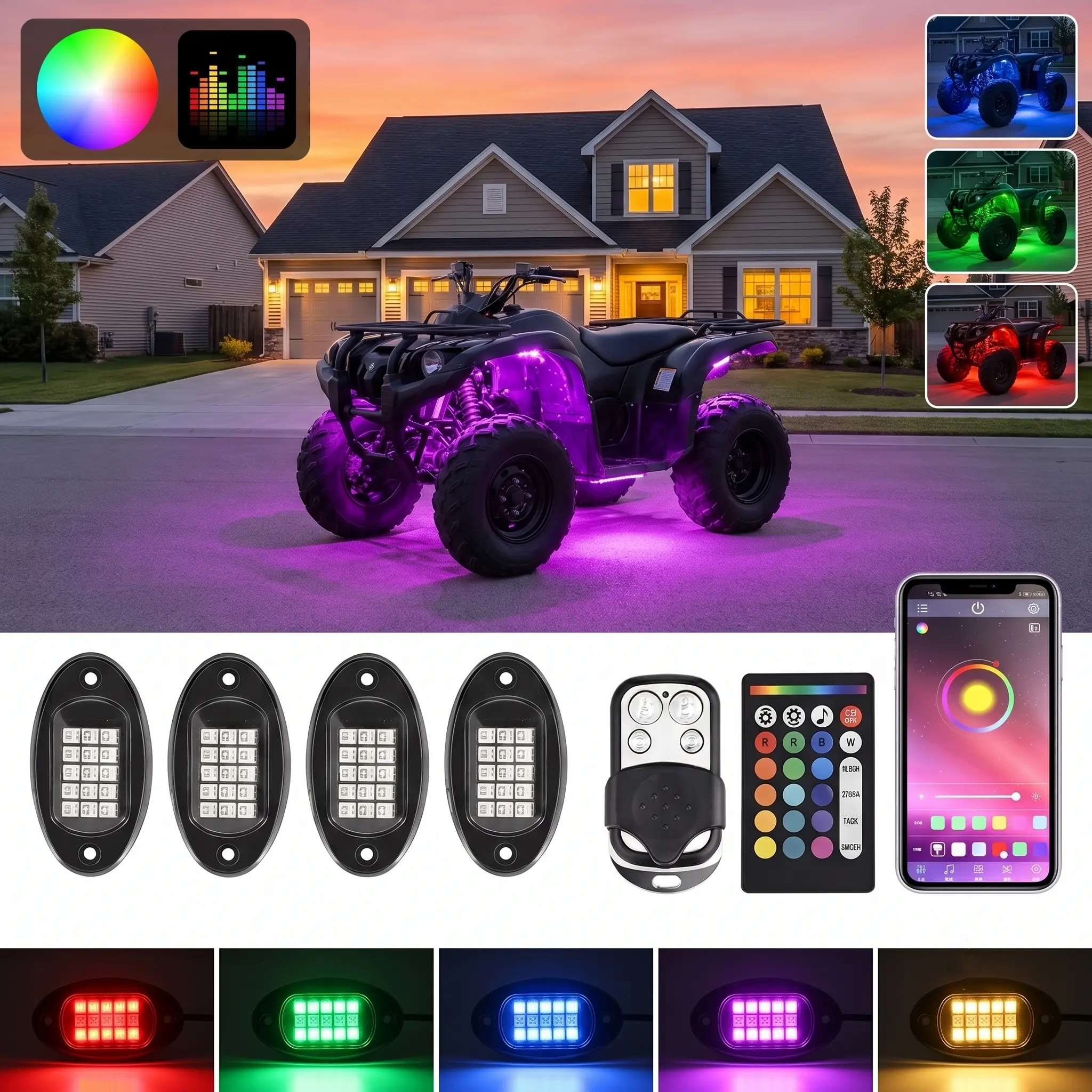 4-Pod RGB LED Rock Lights, 12V DC Power Waterproof Multicolor Underglow Kit with APP Music Mode, Silicone Body, 24-Key Remote & 4-Key Keychain Remote for ATV UTV Truck Vehicle Underbody Accent Accessory
