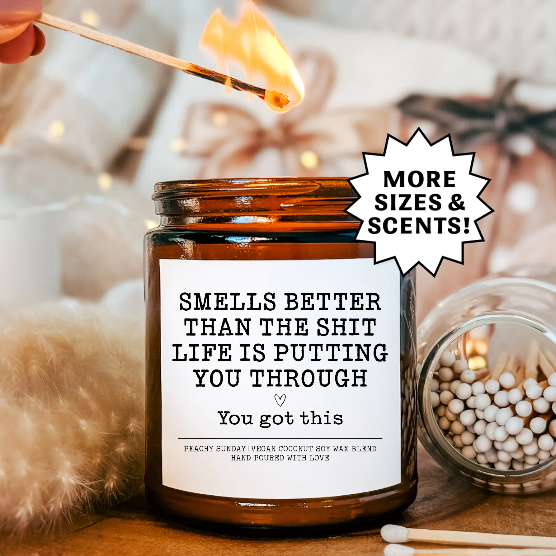 Neutral Standing Bean Jar Aromatherapy Candle - Lavender & Vanilla Scented Glass Candle with Cotton Wick, Soothing Get Well Gift for Friends, Home Decor Air Freshener Supply