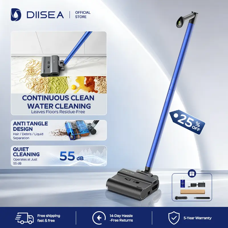 【Summer Sale Deals】DIISEA D7 Cordless Floor Washer & Vacuum | 3.0kg Easy Handling, 180° Flat Recline for 8cm Deep Clean, Streak-Free Fast Drying Polymer Roller, Whisper Quiet 55dB & Long 60 Mins Runtime