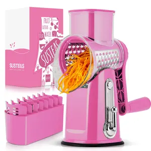 SUSTEAS Rotary Food Chopper – Durable Vegetable Slicer & Grater with Handle, 5 Blades, Strong Suction Cup Base, Includes Blade Storage Box – Kitchen Utensils