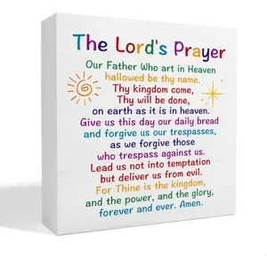 Lords Prayer Wooden Box Sign Religious Bible Scripture Desk Decor for Church Sunday School Classroom Baby Girls Room Toddler Boys Bedroom Nursery Blessed Christian Gift for Daughter Son 5x5inch