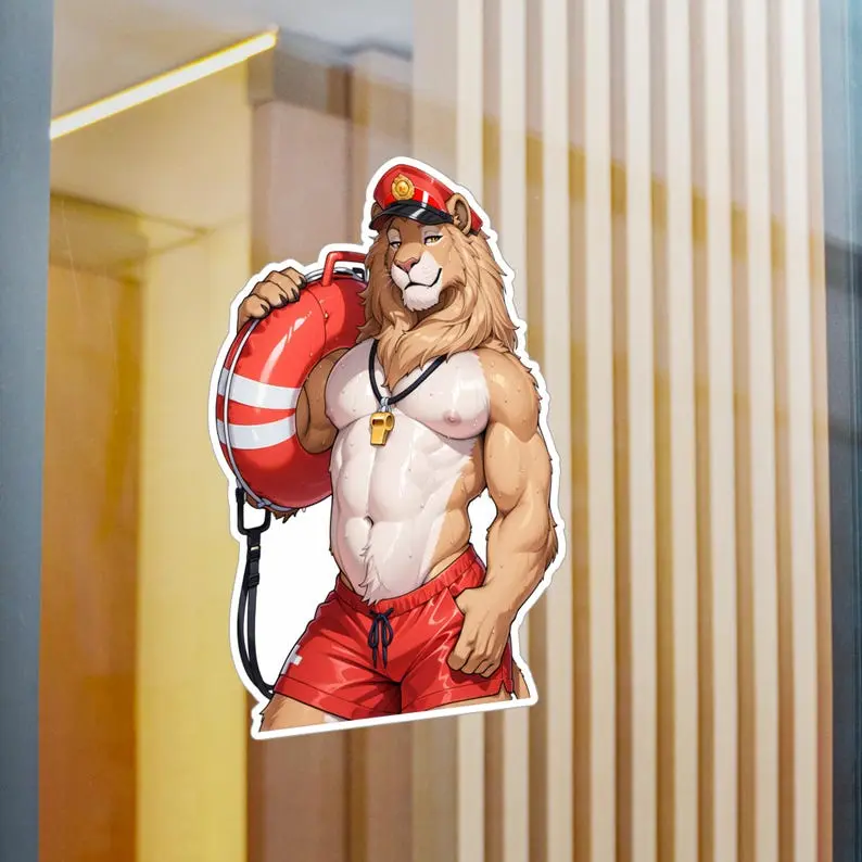 Life Guard Vinyl Sticker, Lion Furry, Bara Boy Anthro Animal Vinyl Sticker, Wolf Anthro Furry, Anime Animal Cute Girl Decal, Kawaii Vinyl Sticker for Waterproof Sticker for Water Bottle, Laptop, Fan Gift