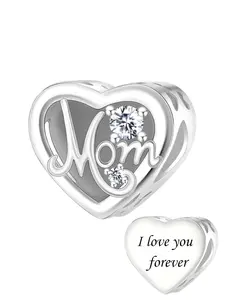 Elegant Copper Plated Heart Charm Bead with Zirconia Inlay, Mom Engraved Pendant, Perfect Mother's Day Gift, All Seasons Jewelry
