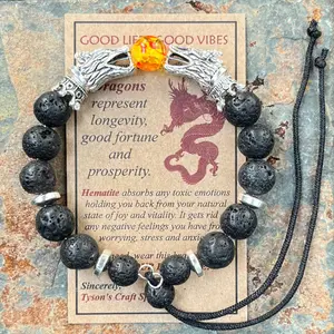 Lava Dragon Bracelet with Adjustable Cord, Black Lava Dragon Bracelet, Boyfriend Gift, Gift for Him, One Size Fits Most.