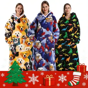 Lady Catty Cute Cartoon Print Cozy Hooded Blanket, Oversized Wearable Blanket Hoodie as Halloween Gifts for Women Girlfriend Men, Plus Size Sleepwear Blanket Hooded for Women Men with Big Pocket
