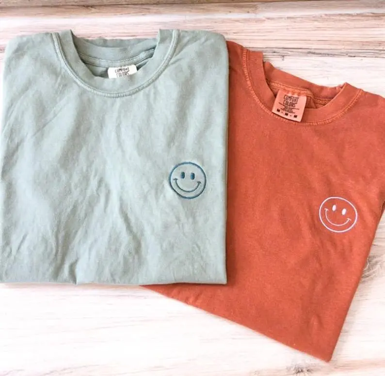 Happy Face Comfort Colors Tee, Smile Shirt, Happy T-Shirt, Embroidered Tee, Embroidered Shirt, Custom Shirt, Retro Happy Face Shirt