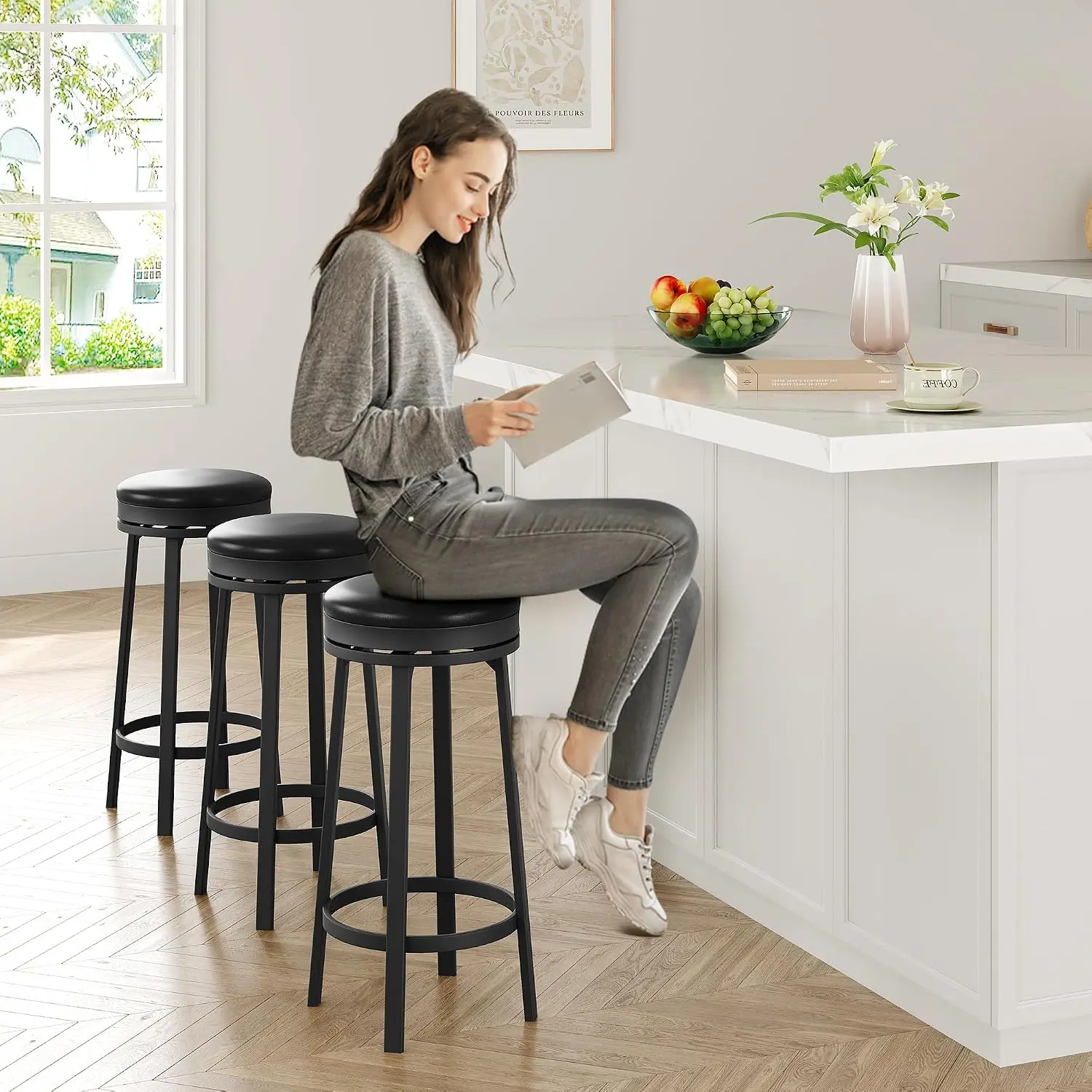 Garvee Modern Swivel Bar Stools Set - 30 Inch Counter Height, Backless Round PU Leather Seat, Adjustable Metal Frame, 360° Rotating, Waterproof, Footrest, For Kitchen Island, Home Bar, Dining Room - Black or Brown