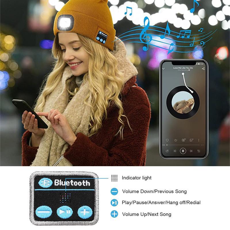 Three-in-one Functional Bluetooth Knitted Hat with 6 LED Lights USB Charging Removable LED Module & Speakers for Versatile Use