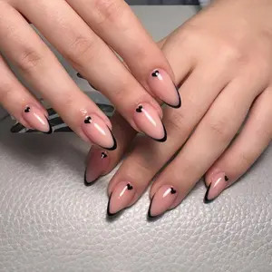 Short Almond Fake Nails with Tools, 24pcs/set Heart Design False Nails, French Style Press on Nails Stick on Nails, Almond Shape Nails, Glossy Fake Nails for Nail Art