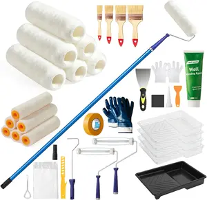 Paint Roller Kit with Long Paint Roller Extension Pole, 37 PCS Wall Painting Supplies with Paint Brushes for Walls, Superabsorbent 9-Inch & 4-Inch Paint Roller Covers, Wall Repair Paste