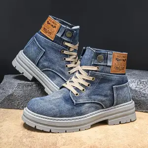 Thick Sole Height Boost Men's High-Top Boots - Vintage-Inspired Distressed Denim Look, Lace-Up Casual & Outdoor Wear Boy Walking Shoes