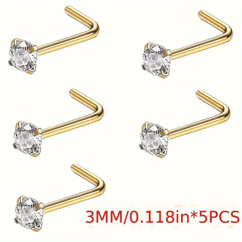 5Pcs Classic Golden/Silvery Nose Rings Ear Studs Boho L-shaped Nose Nostril Piercing Body Jewelry Women 3mm Shiny Cubic Zirconia Nose Screw Ear Stud Ring L-shaped Nose Stud Set