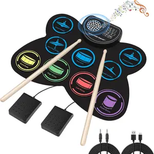 Drum Set,  9 Drum Practice Pad with Headphone Jack, Roll-up Pad Machine Built-in Speaker Drum Pedals Sticks 10 Hours Playtime,  Holiday Xmas Birthday  for
